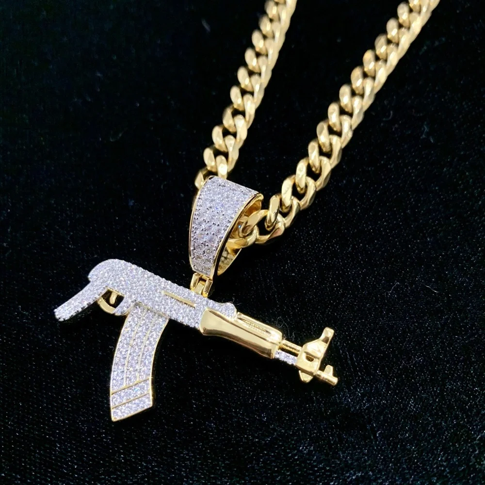 NEW 18K GOLD CUBAN LINK CHAIN AK 47 CHARM LAB DIAMONDS ITALY *LIFETIME WARRANTY*